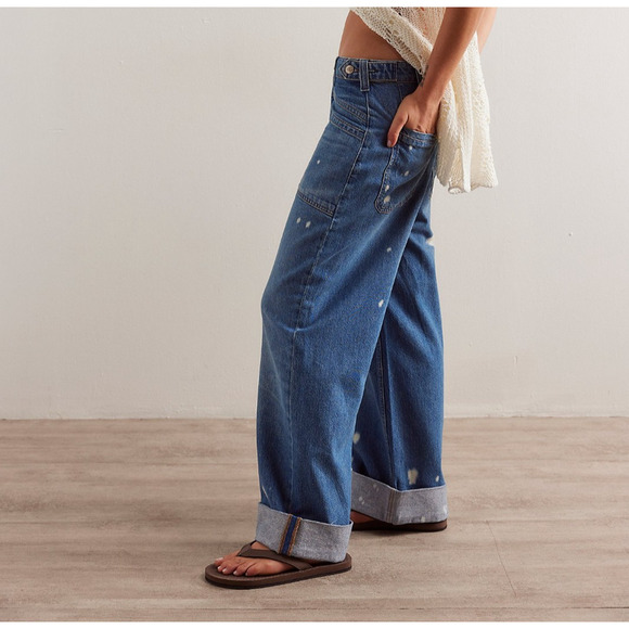 Free People We The Free Palmer Cuffed Jeans Women's Size 32 Paint Splatter Boho - Picture 2 of 16
